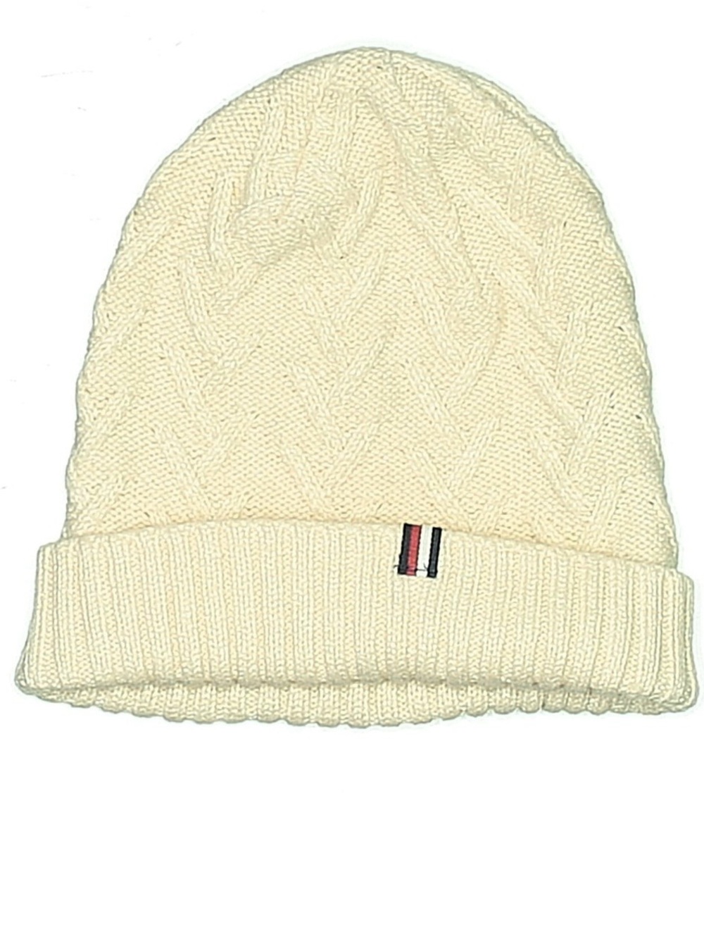 Tommy Hilfiger Cream Cable Knit Beanie with Tricolor Tab - Men